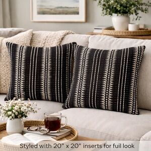 Ethan Allen Textured Silk Pillow Covers Set of 2 Black Ivory 20x20 Matte Woven